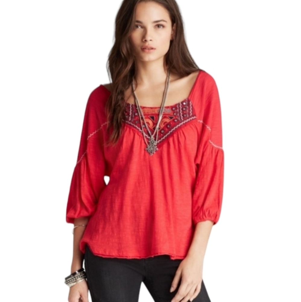 Free People Santa Fe Boho Embroidered Dolman Peasant Blouse‎ Red Size S Small